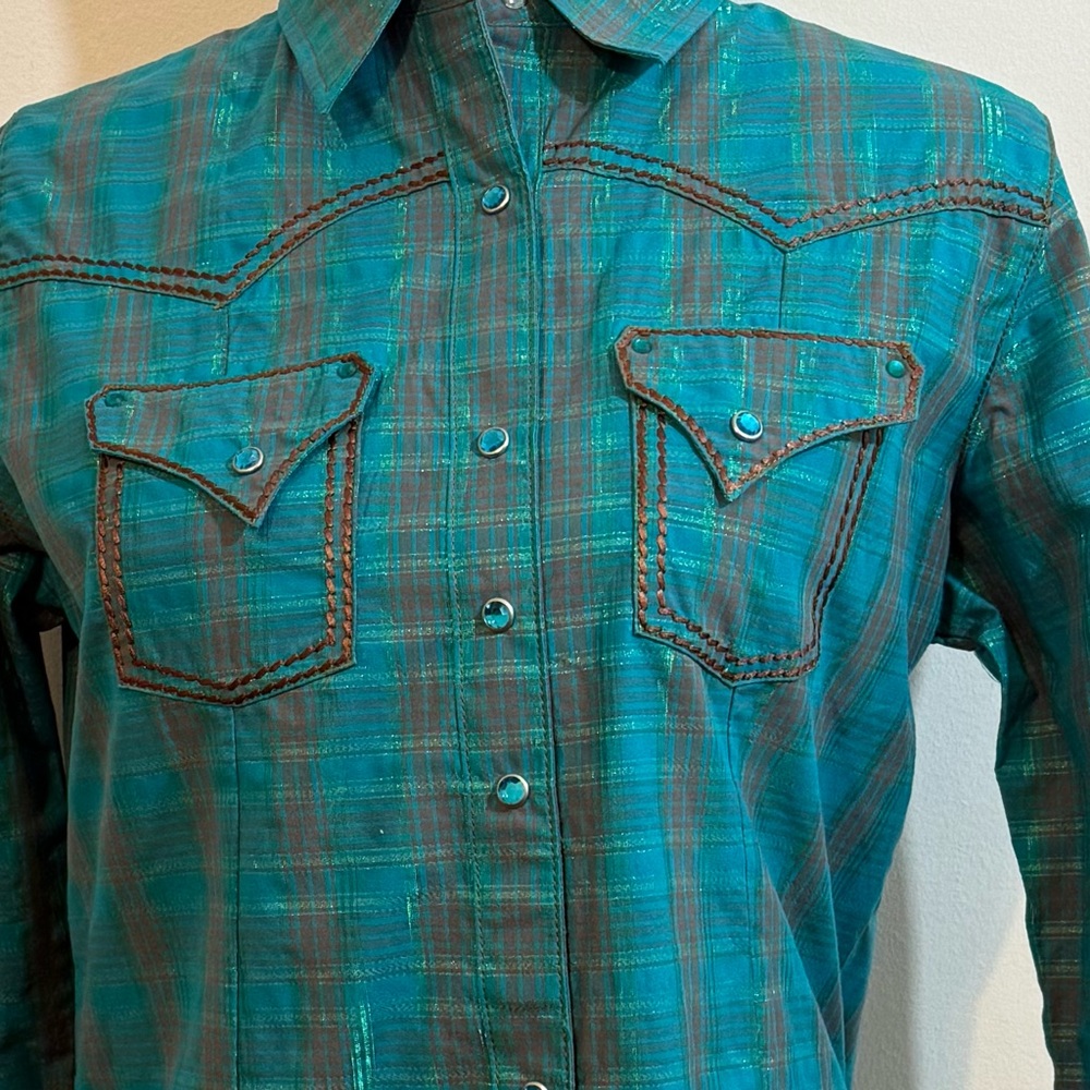 Rock 47 by Wrangler Teal Plaid Western Snap Button Shirt — Size Medium - Picture 4 of 11